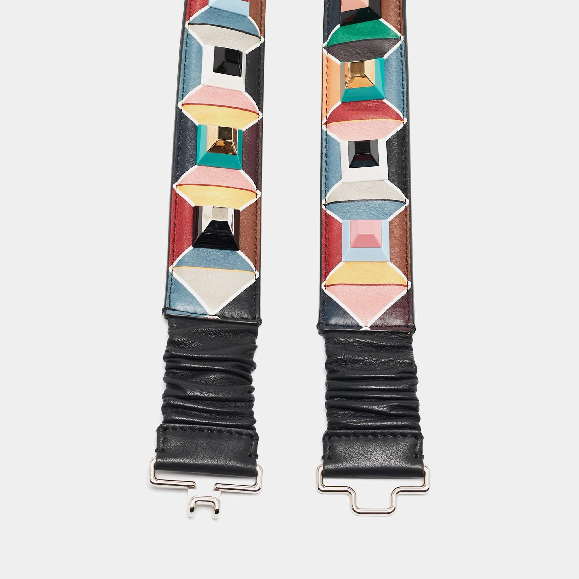 Women's Fendi Multicolor Printed Leather Studded Belt 85 CM For Sale