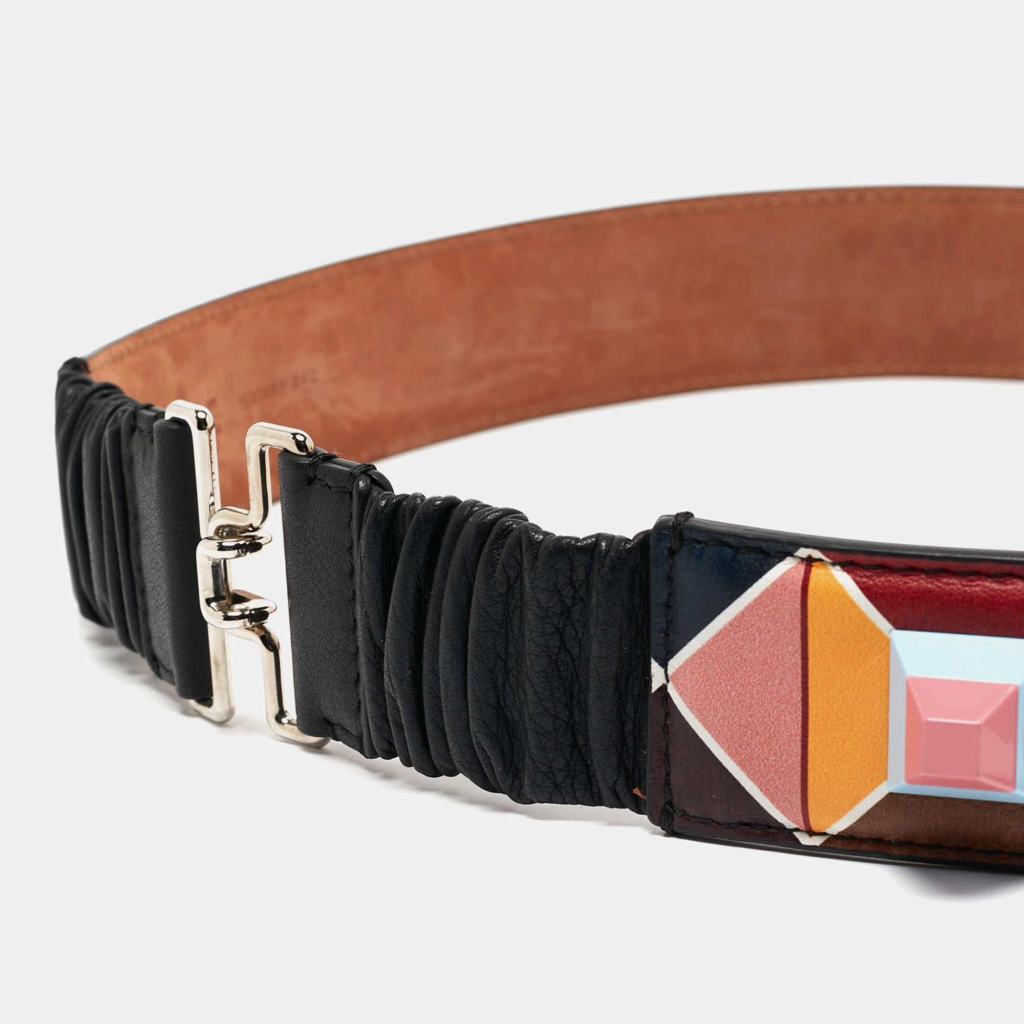 Fendi Multicolor Printed Leather Studded Belt 85 CM For Sale 1