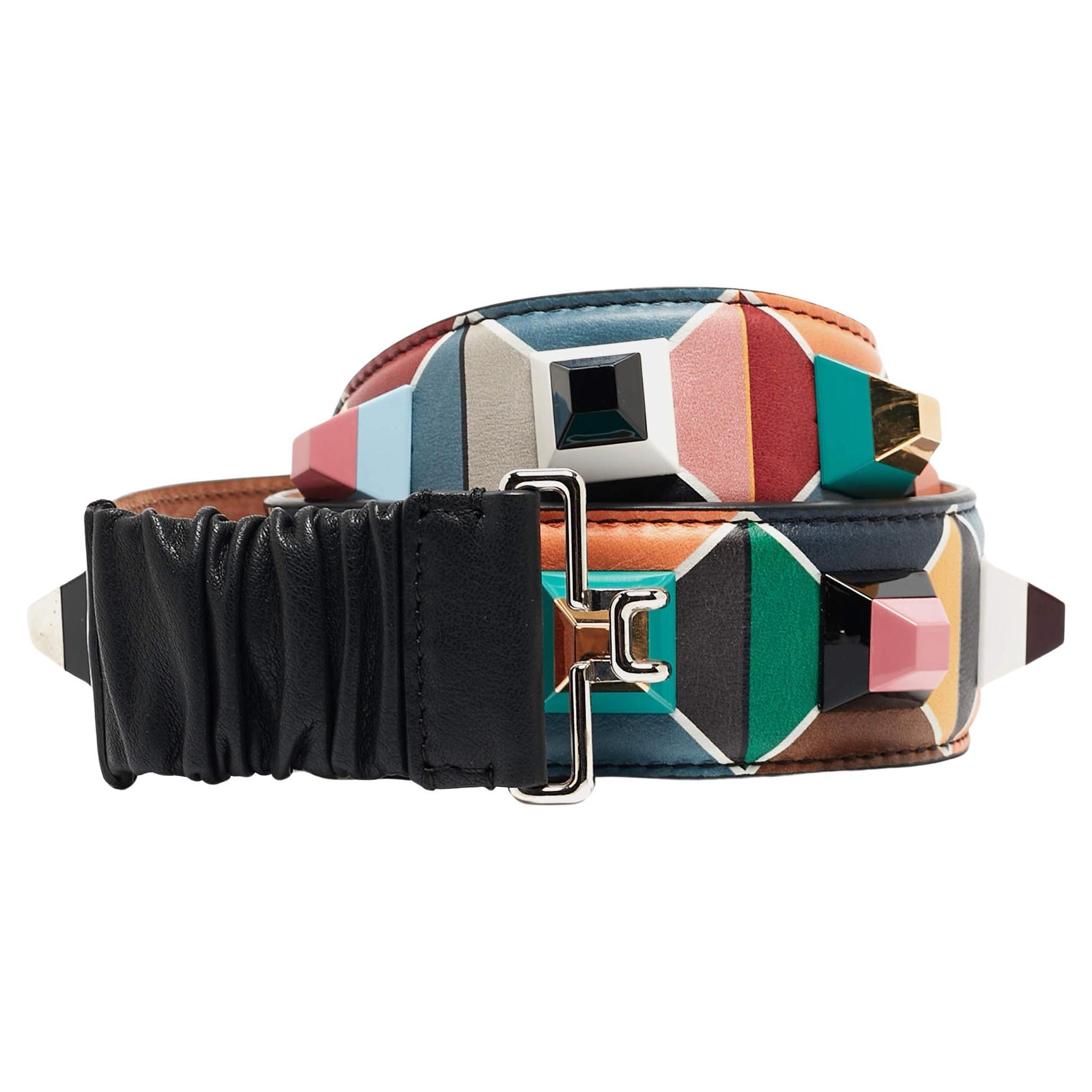 Fendi Multicolor Printed Leather Studded Belt 85 CM For Sale