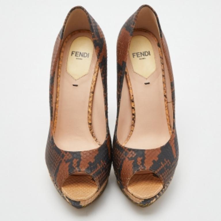 Brown Fendi Multicolor Python Embossed Leather Peep Toe Platform Pumps Size 35 For Sale