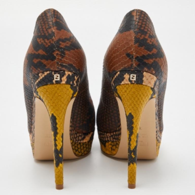 Fendi Multicolor Python Embossed Leather Peep Toe Platform Pumps Size 35 For Sale 1