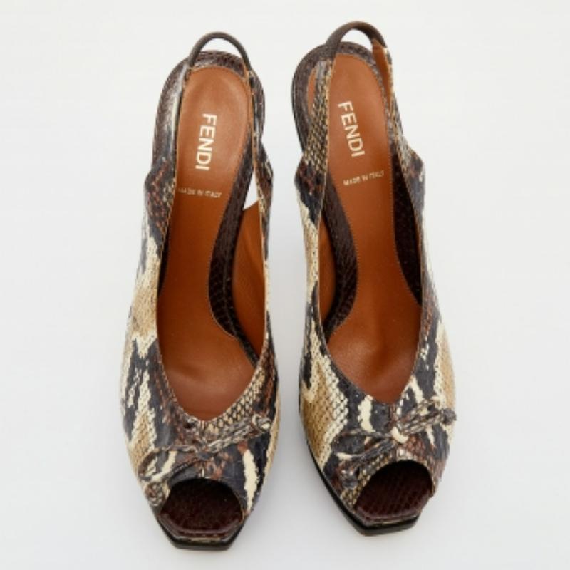 Black Fendi Multicolor Python Fendista Peep Toe Platform Slingback Pumps Size 41 For Sale