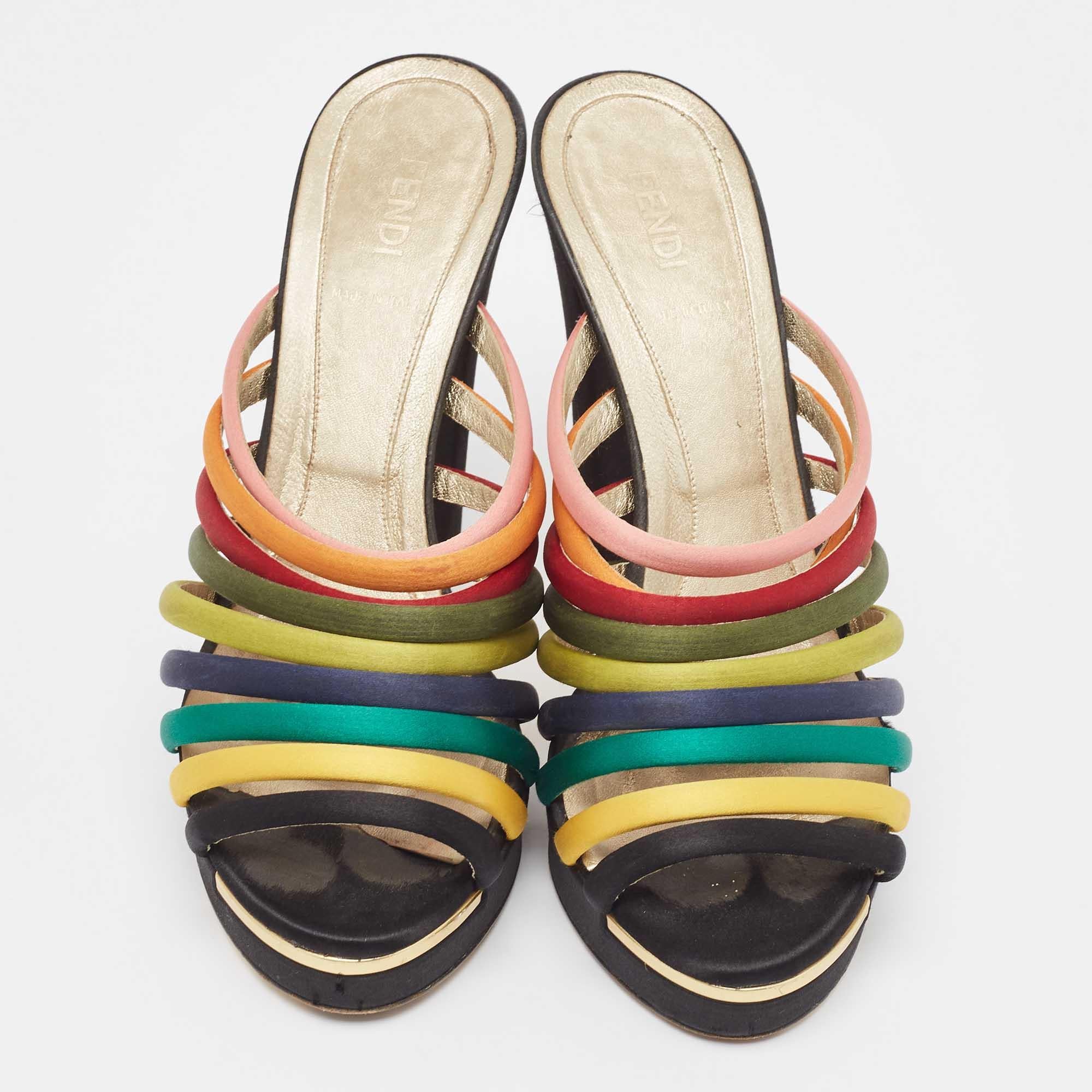 Black Fendi Multicolor Satin Strappy Platform Slide Sandals Size 40 For Sale