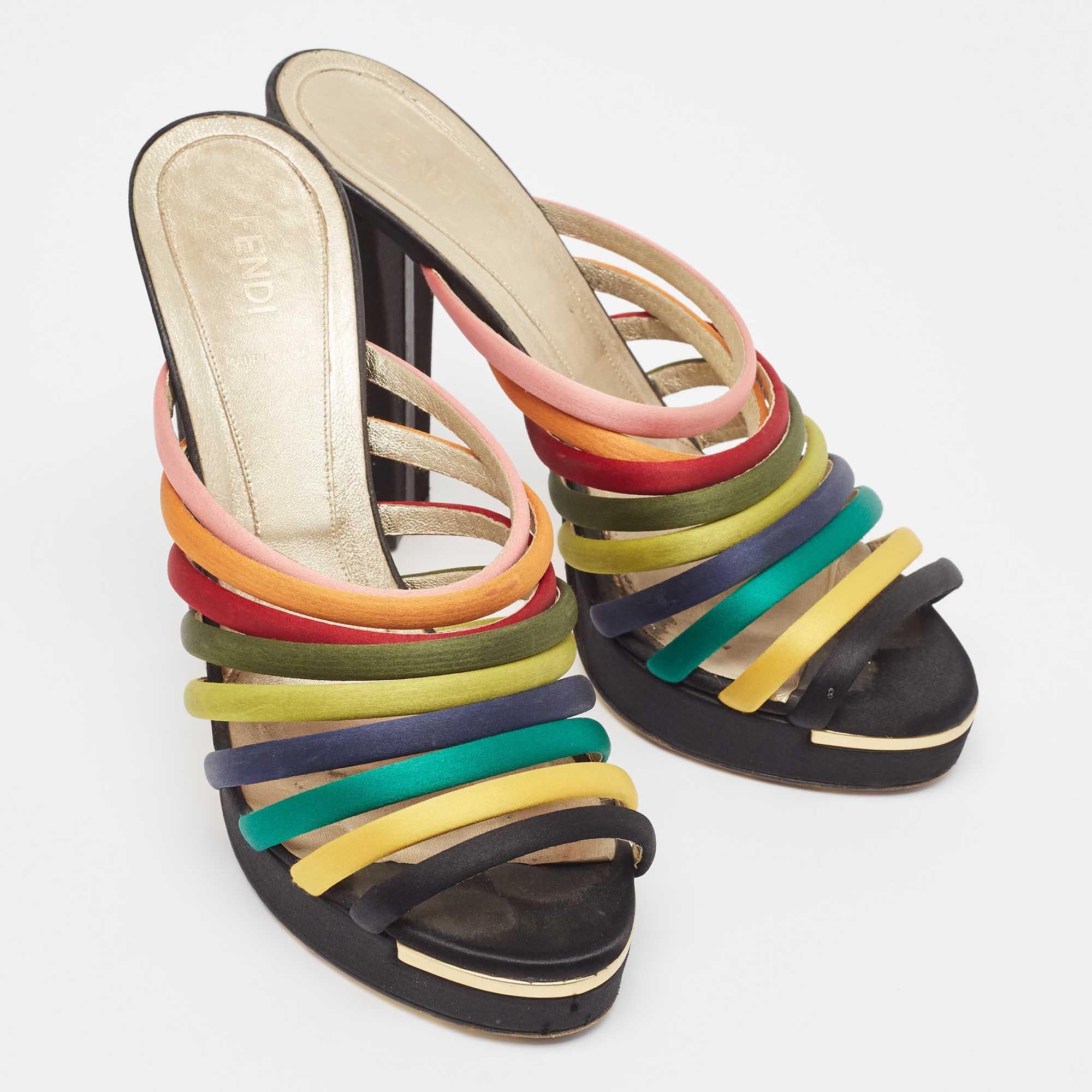 Fendi Multicolor Satin Strappy Platform Slide Sandals Size 40 In Good Condition For Sale In Dubai, Al Qouz 2