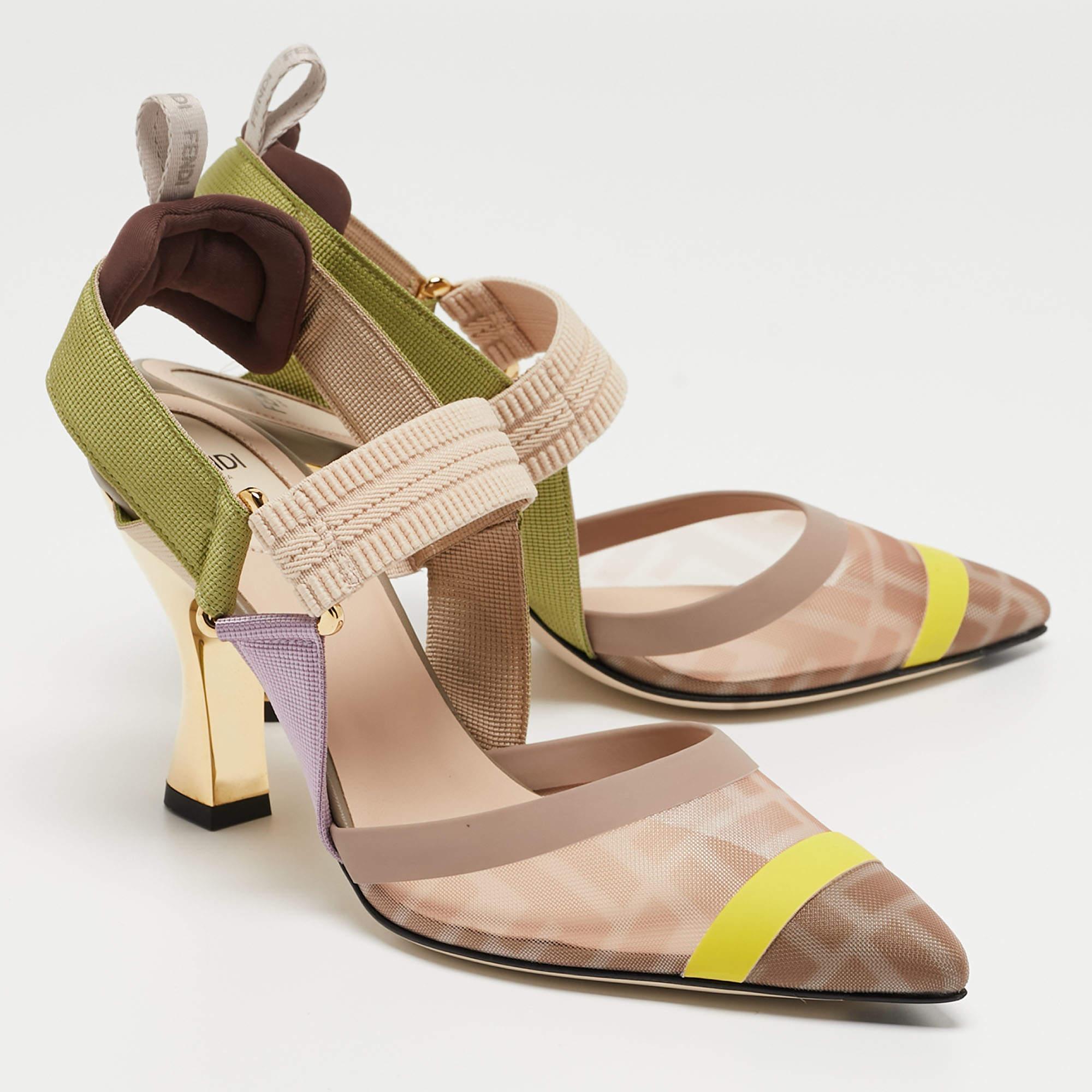Women's Fendi Multicolor Technical Mesh and Fabric Colibri Slingback Pumps Size 36