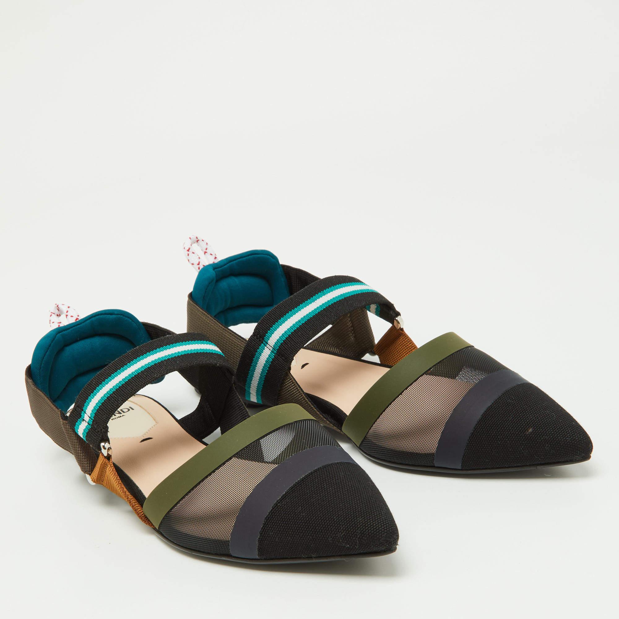Black Fendi Multicolor Zucca Mesh and Leather Colibri Slingback Flats Size 36