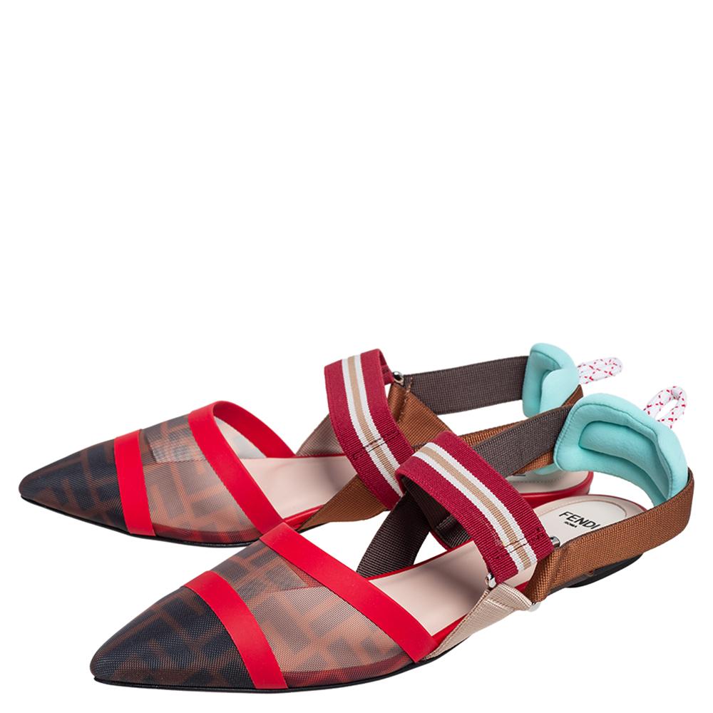 Fendi Multicolor Zucca Mesh Colibri Slingback flache Sandalen Größe 39 (Pink)