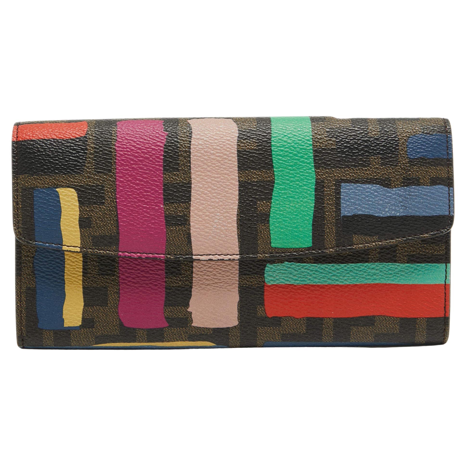 Fendi Multicolor Zucca Print Coated Canvas Flap Continental Wallet For Sale