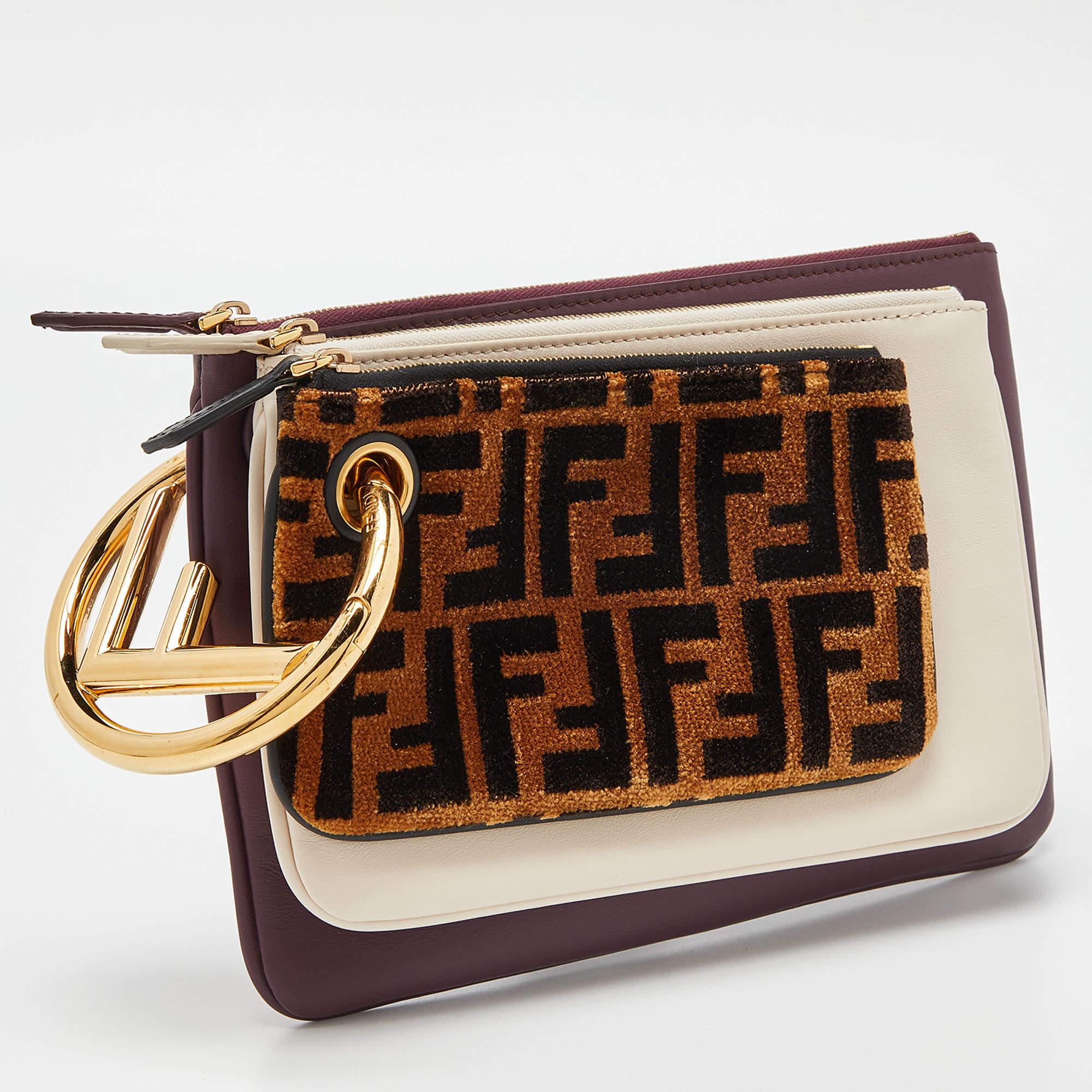 Black Fendi Multicolor Zucca Velvet and Leather Triplette Pouch