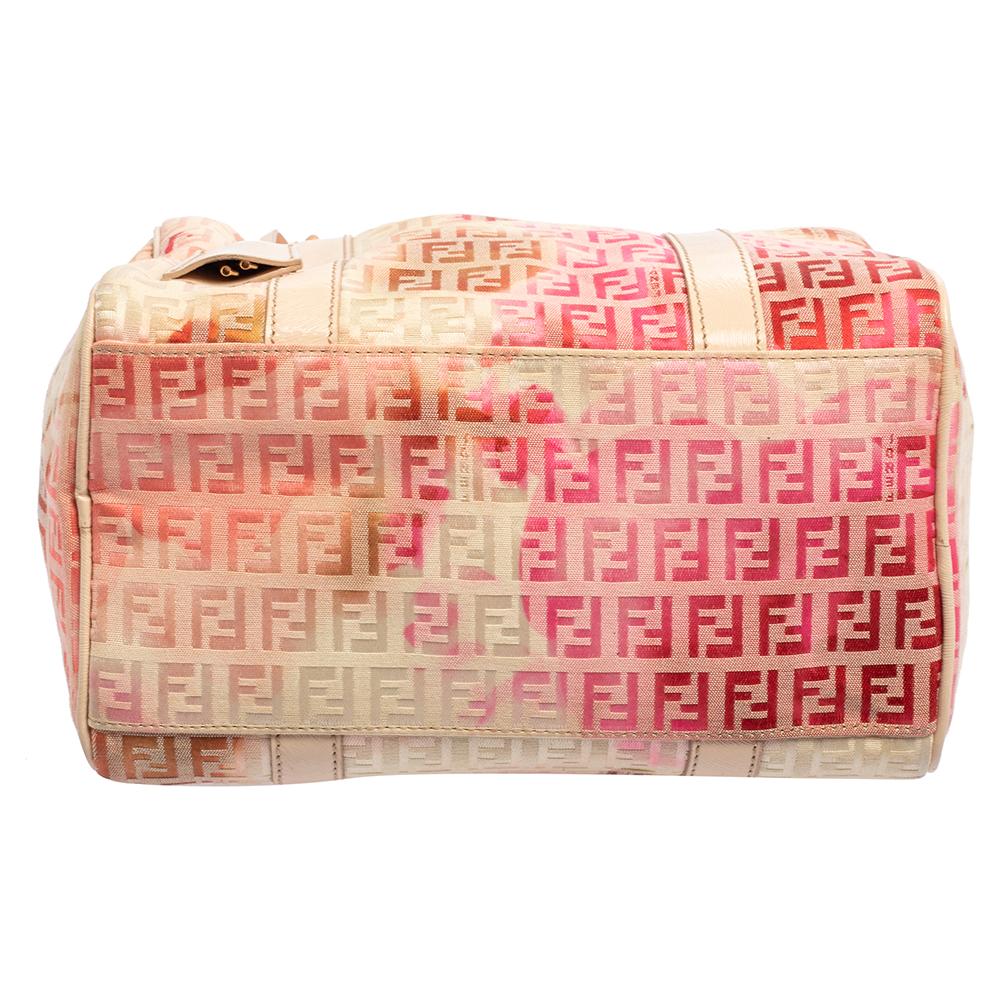 Beige Fendi Multicolor Zucchino Coated Canvas And Patent Leather Bauletto Boston Bag