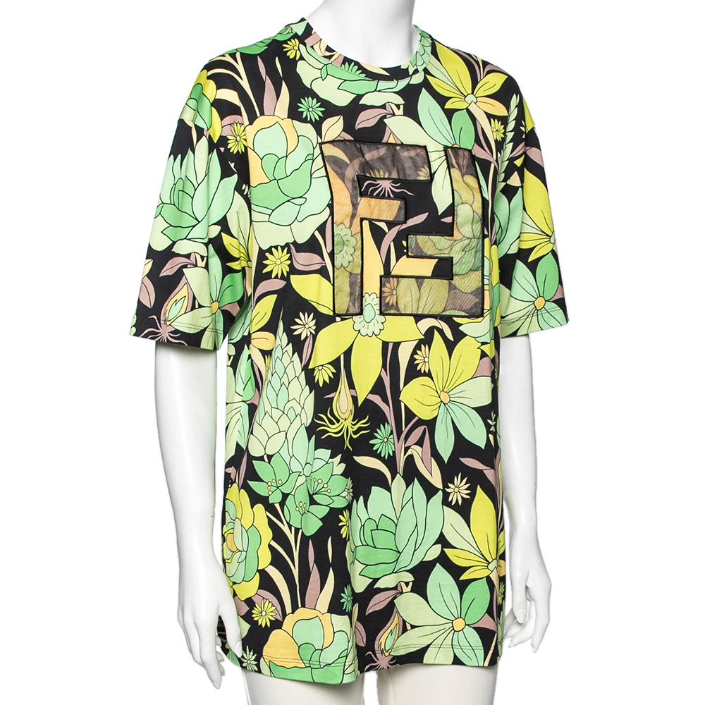 Fendi Mehrfarbiges T-Shirt aus bedruckter Baumwolle mit Blumendruck FF-Motiv, M (Beige) im Angebot