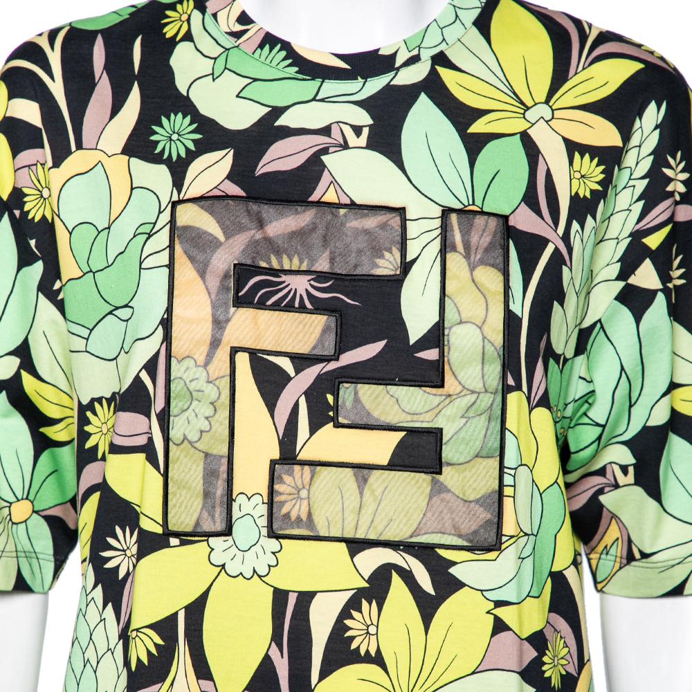 Fendi Mehrfarbiges T-Shirt aus bedruckter Baumwolle mit Blumendruck FF-Motiv, M im Zustand „Gut“ im Angebot in Dubai, Al Qouz 2