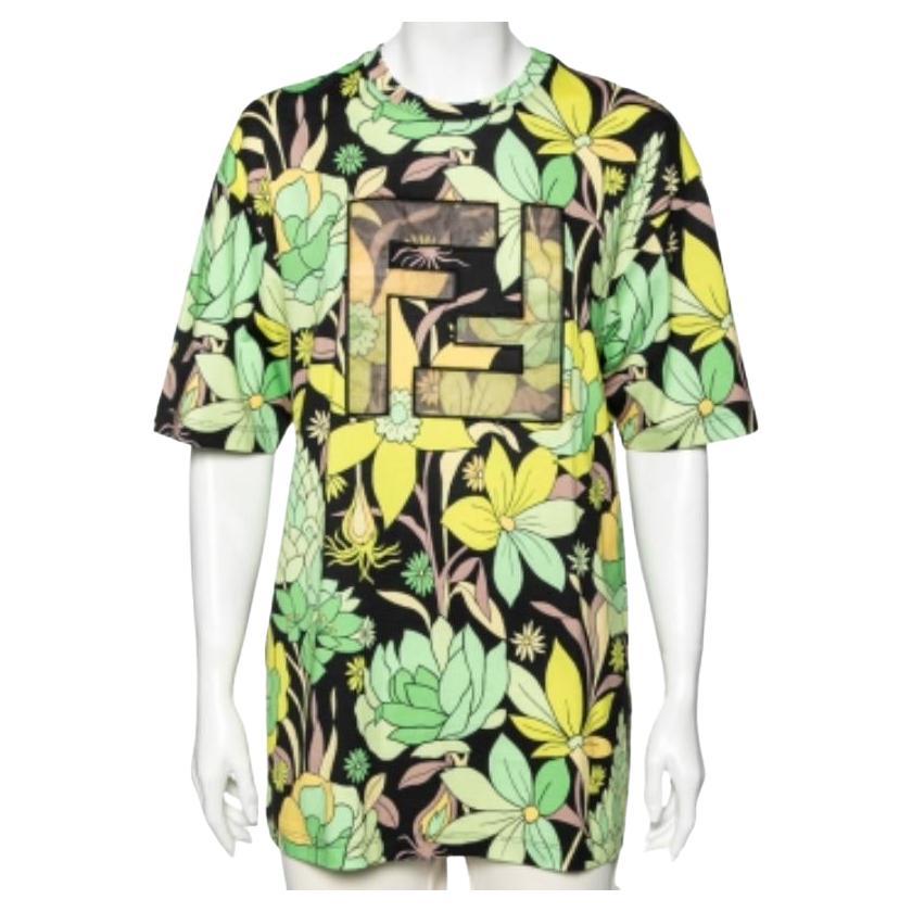 Fendi Multicolored Floral Printed Cotton FF Motif Detailed T-Shirt M For Sale