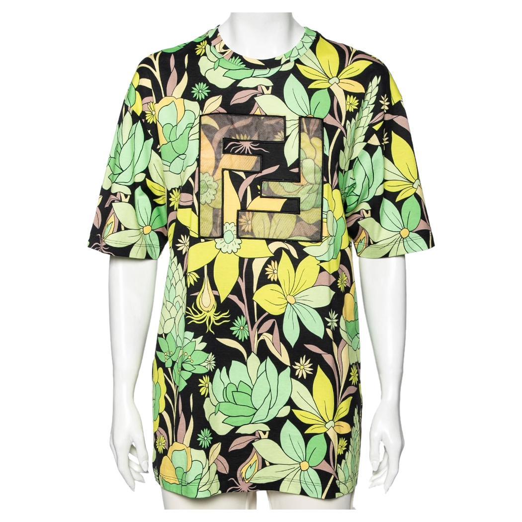 Fendi Mehrfarbiges T-Shirt aus bedruckter Baumwolle mit Blumendruck FF-Motiv, M im Angebot