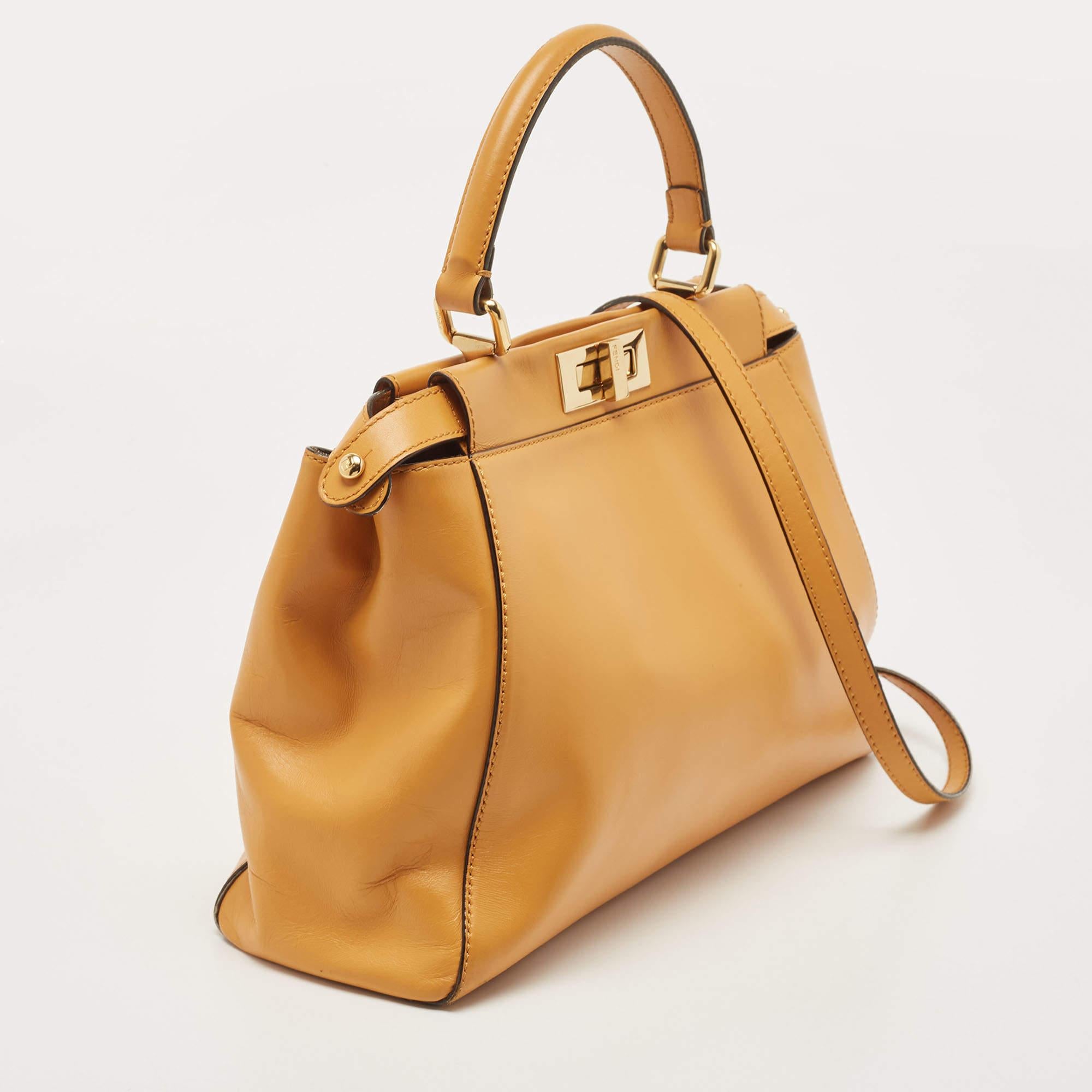 Orange Fendi Mustard Leather Medium Peekaboo Top Handle Bag