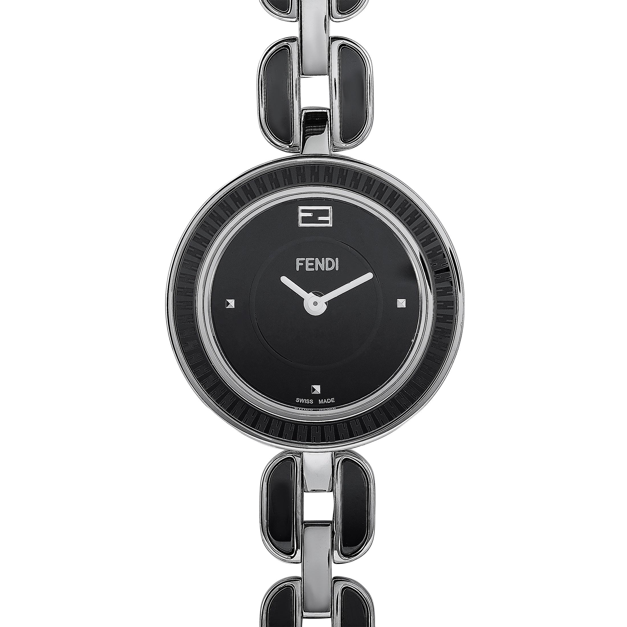 The Fendi My Way watch, reference number F353021001, comes with a stainless steel case that boasts a bezel with a black ceramic inlay. The case is presented on a stainless steel bracelet with black ceramic inserts. This model is powered by a quartz