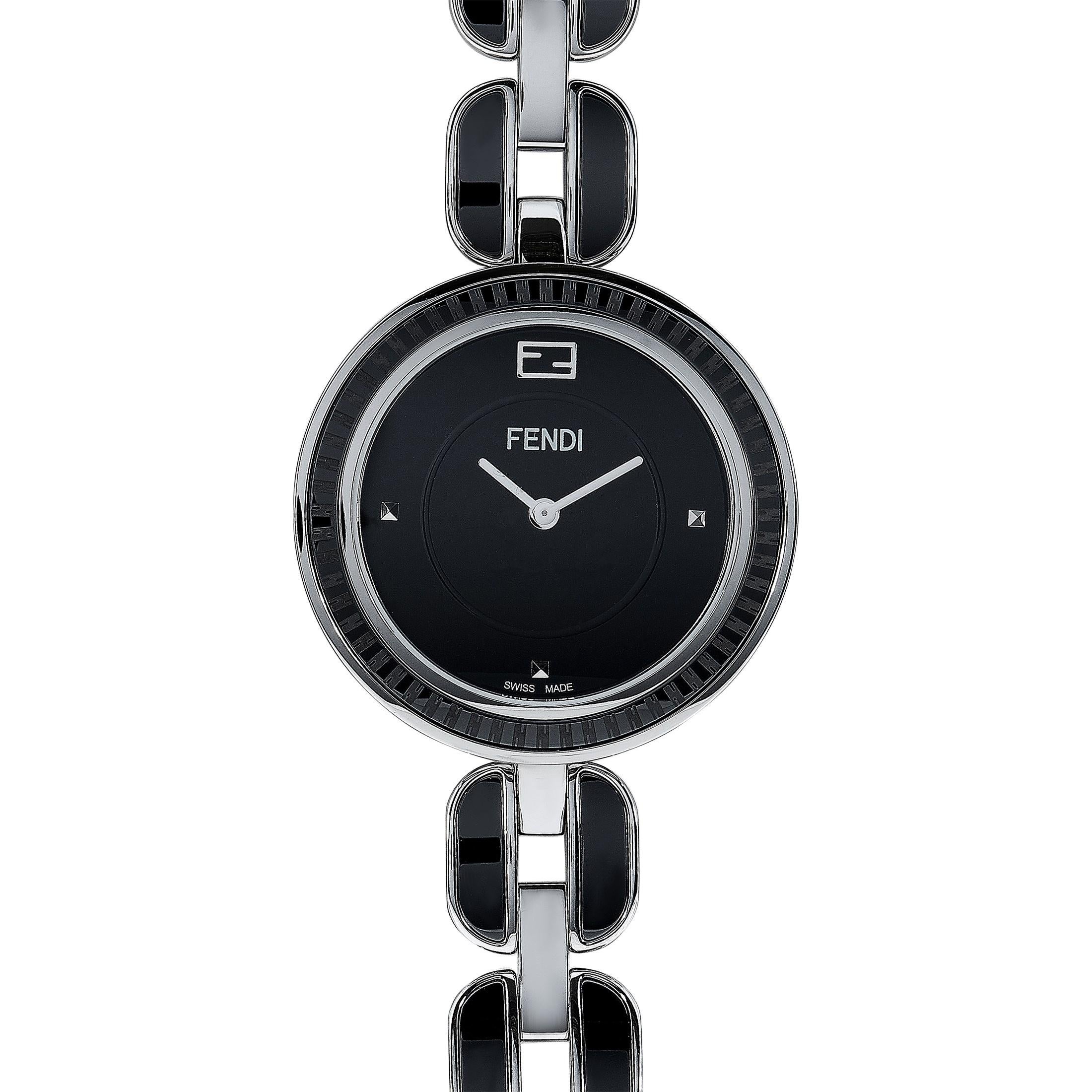The Fendi My Way watch, reference number F353031001, comes with a 36 mm stainless steel case that boasts a bezel with a black ceramic inlay. The case is presented on a stainless steel bracelet with black ceramic inserts. This model is powered by a