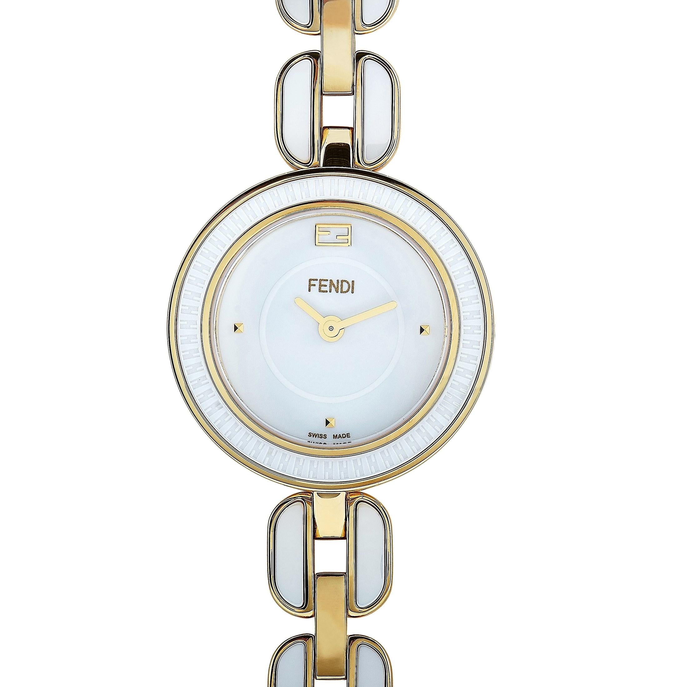 The Fendi My Way watch, reference number F359424004, boasts a 28 mm gold-tone stainless steel case fitted with a white ceramic bezel. The case is presented on a matching gold-tone stainless steel bracelet. This model is powered by a quartz movement