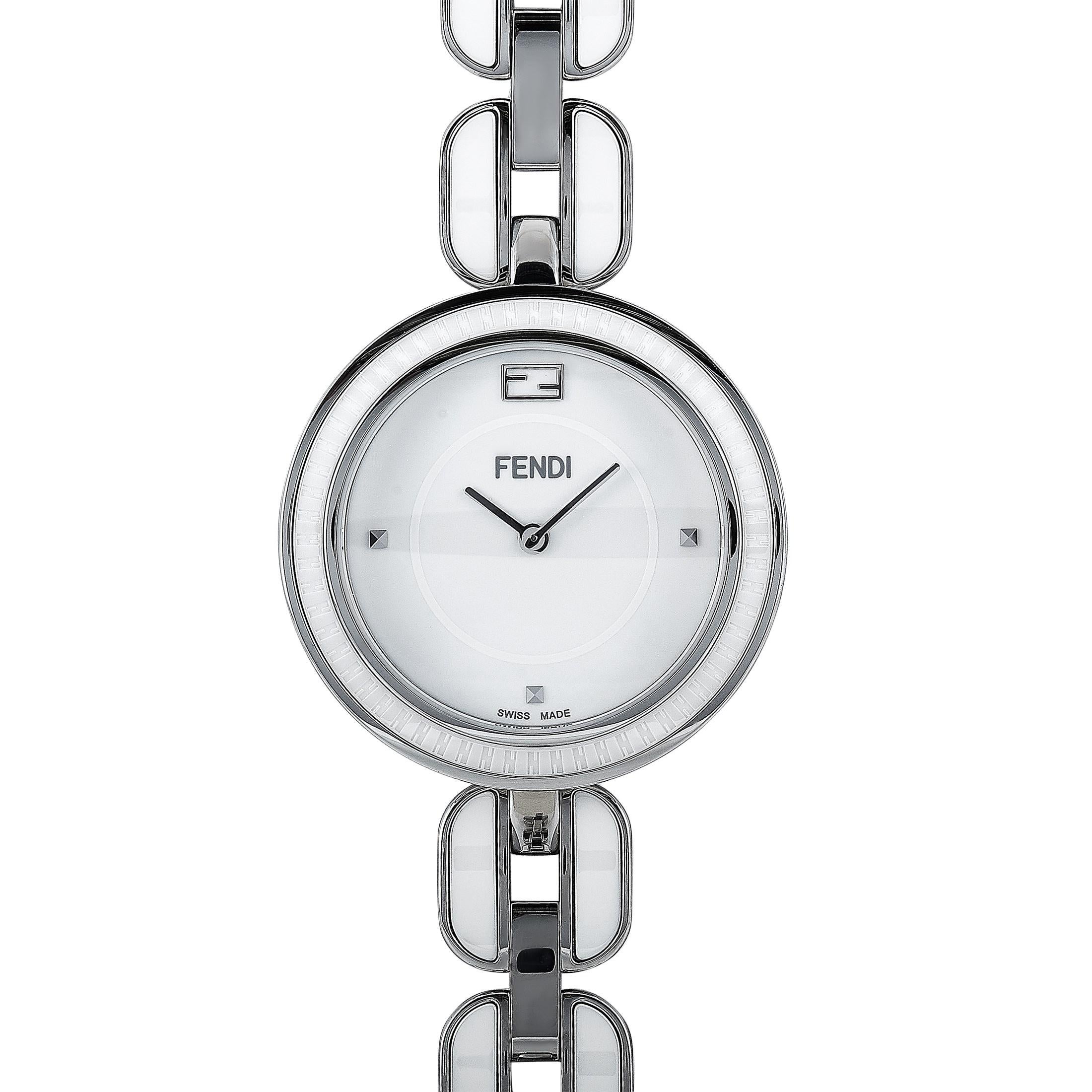 The Fendi My Way watch, reference number F359034004, comes with a 36 mm stainless steel case that boasts a bezel with a white ceramic inlay. The case is presented on a stainless steel bracelet with white ceramic inserts. This model is powered by a