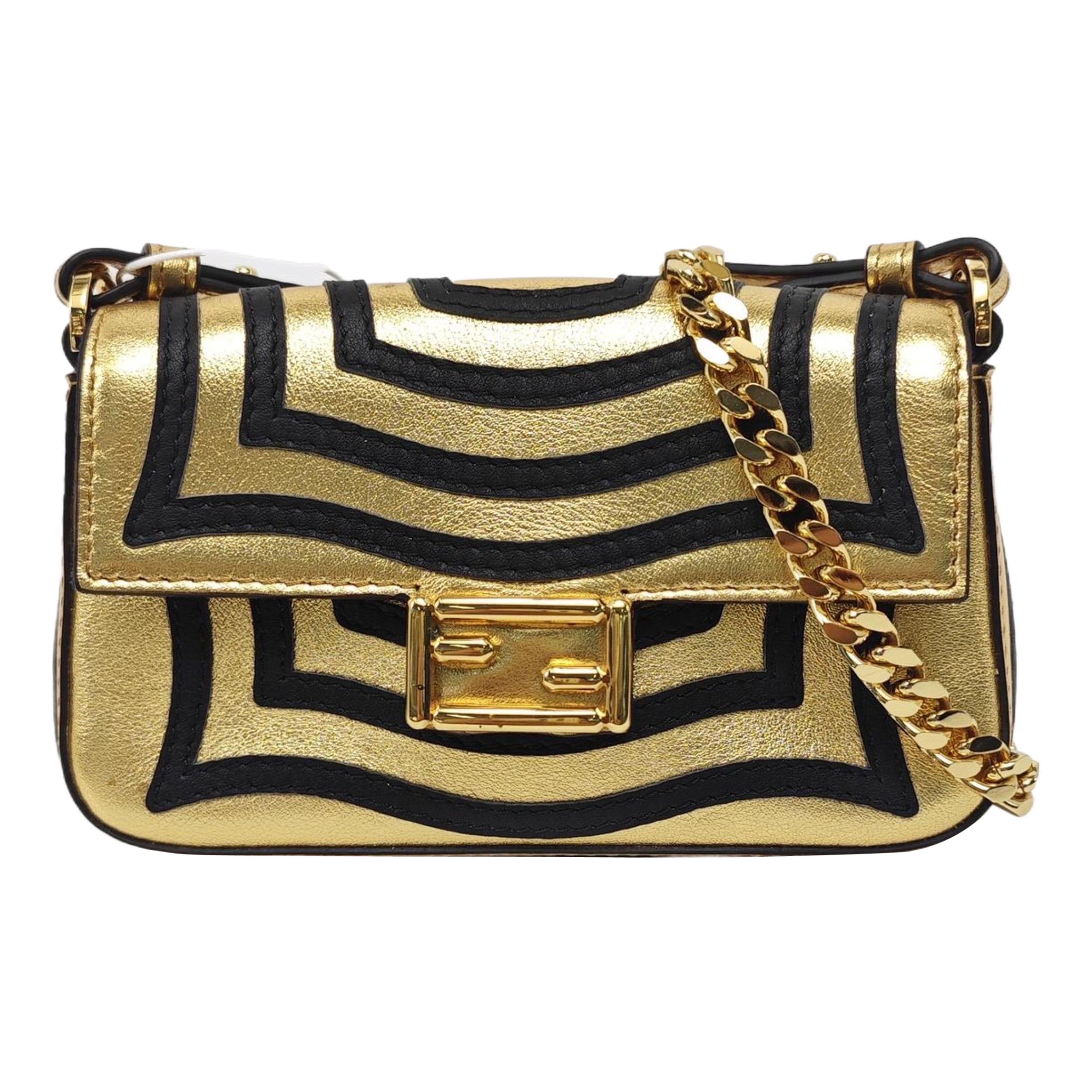 Fendi Nano Baguette Charm Gold Shiny Leather with Black Paints For Sale