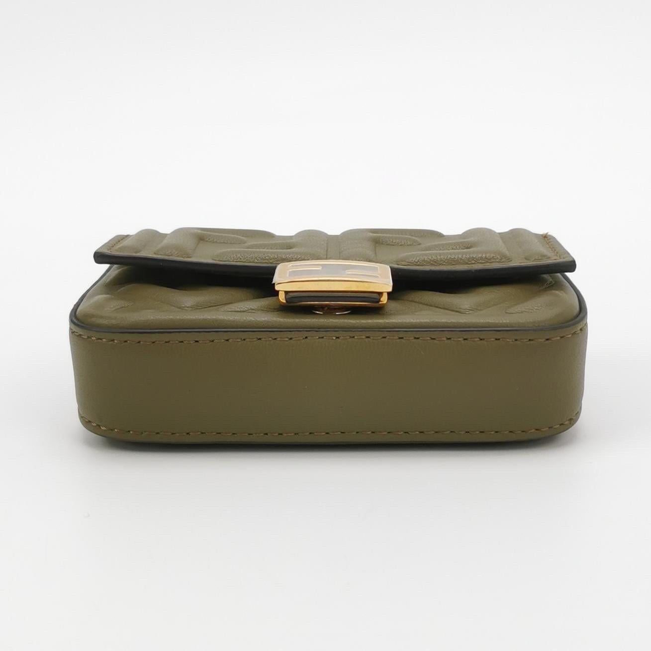 Fendi Nano Baguette Charm Khaki Green Lambskin Leather Gold Hardware For Sale 1