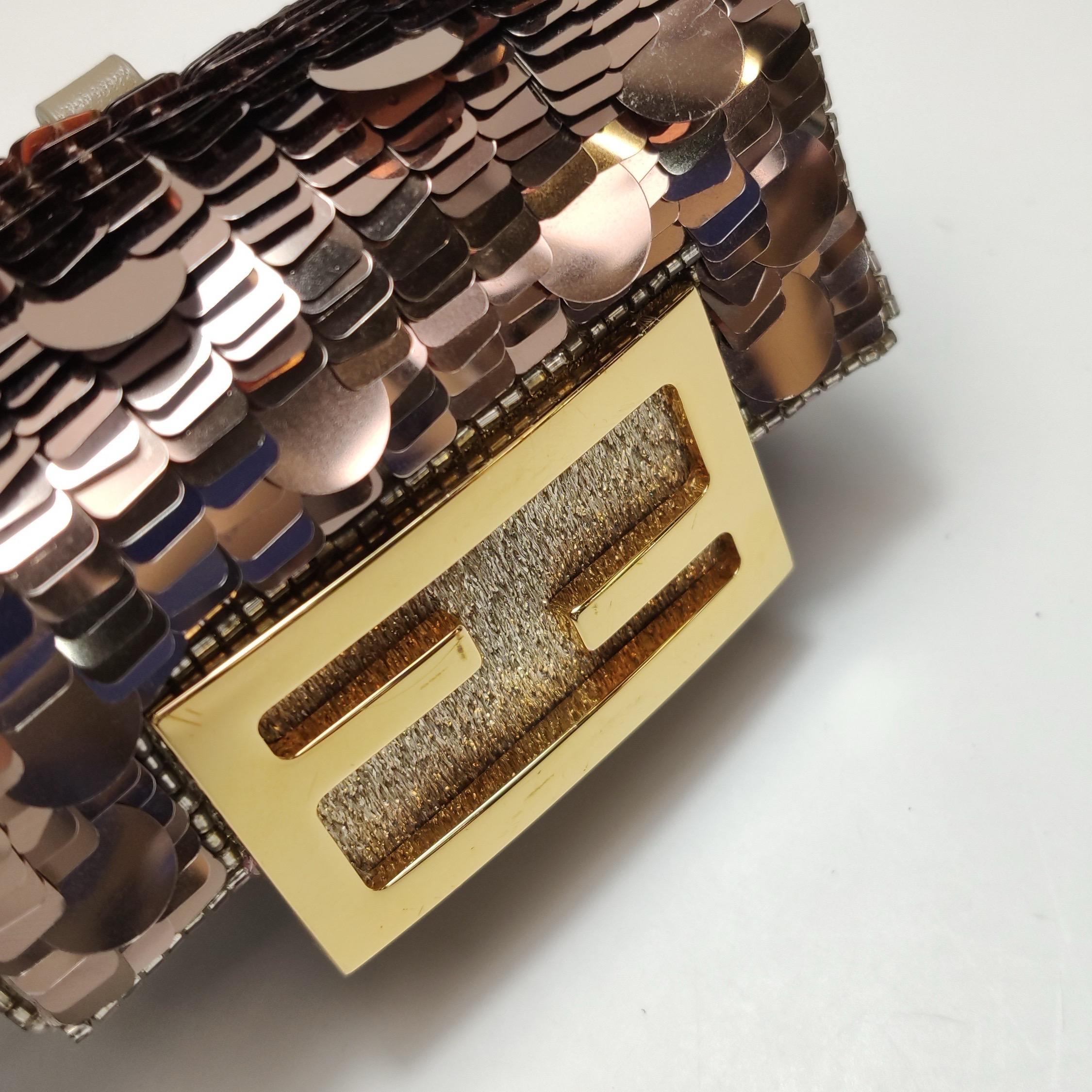Fendi Nano Baguette Charm Pink Sequins with Chain For Sale 8