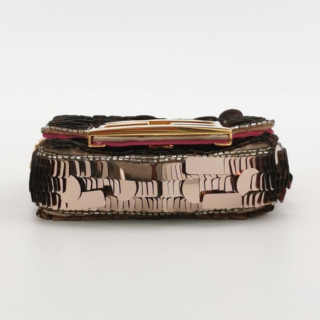 Beige Fendi Nano Baguette Charm Pink Sequins with Chain For Sale