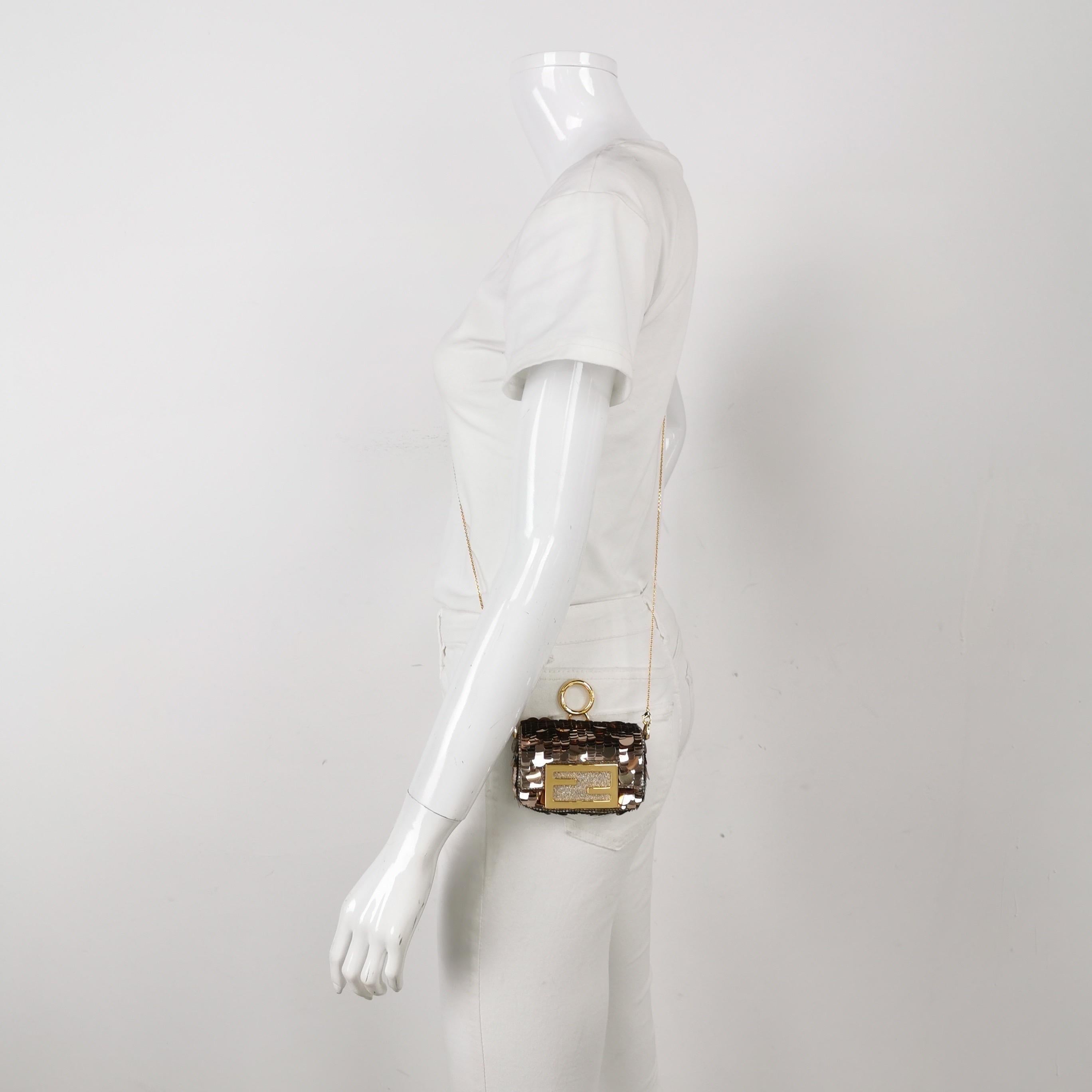 Women's Fendi Nano Baguette Charm Pink Sequins with Chain For Sale