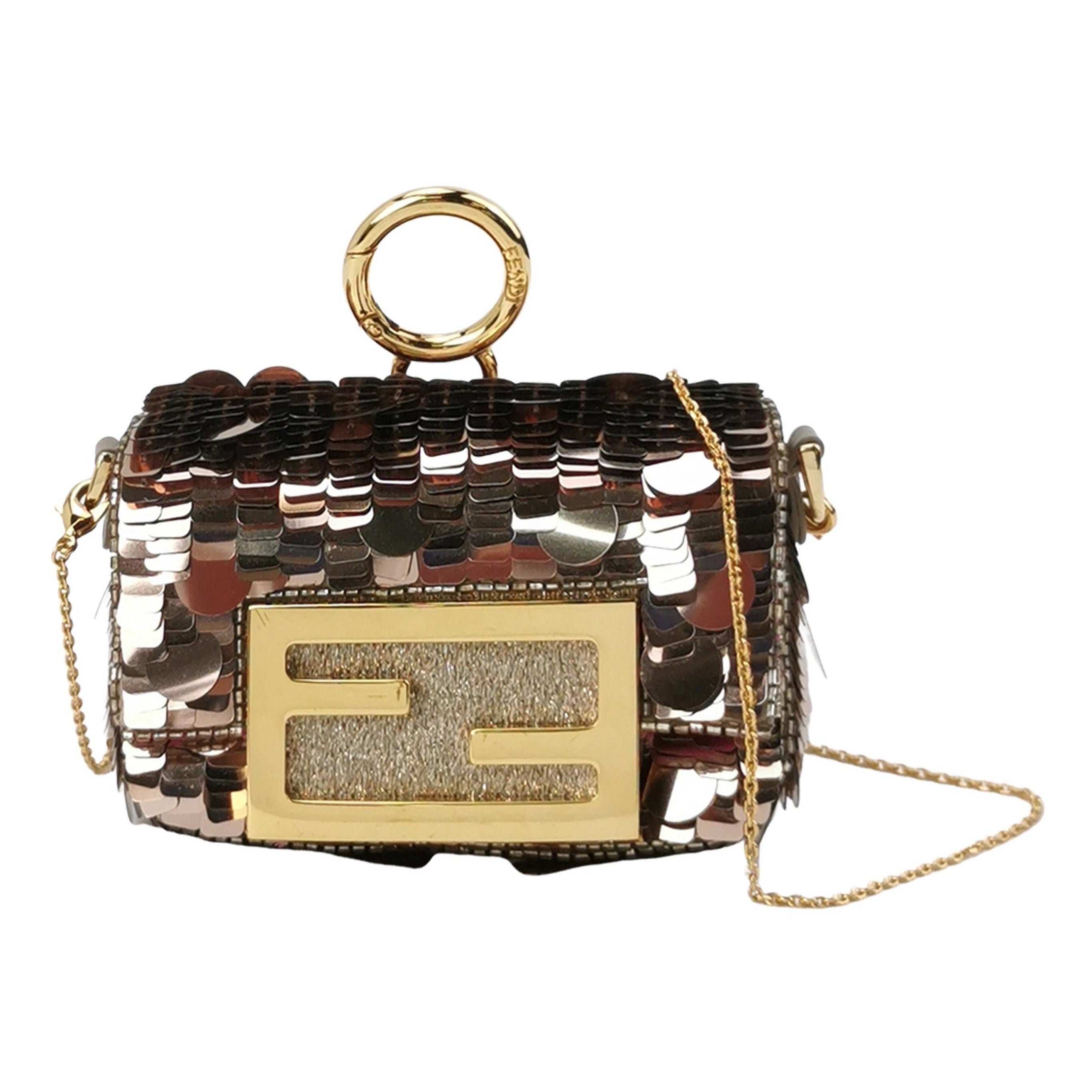 Fendi Nano Baguette Charm Pink Sequins with Chain For Sale