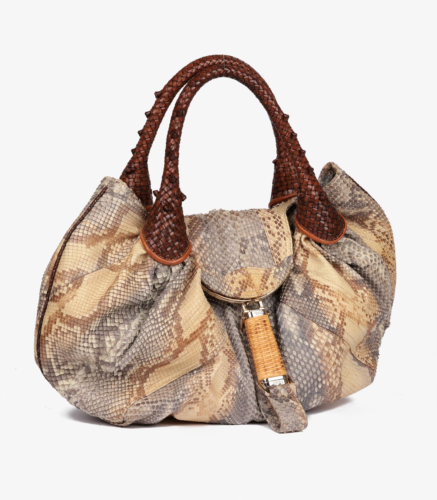 Fendi Piel de pitón natural ombre, Piel de becerro marrón tejida y Ba Marrón