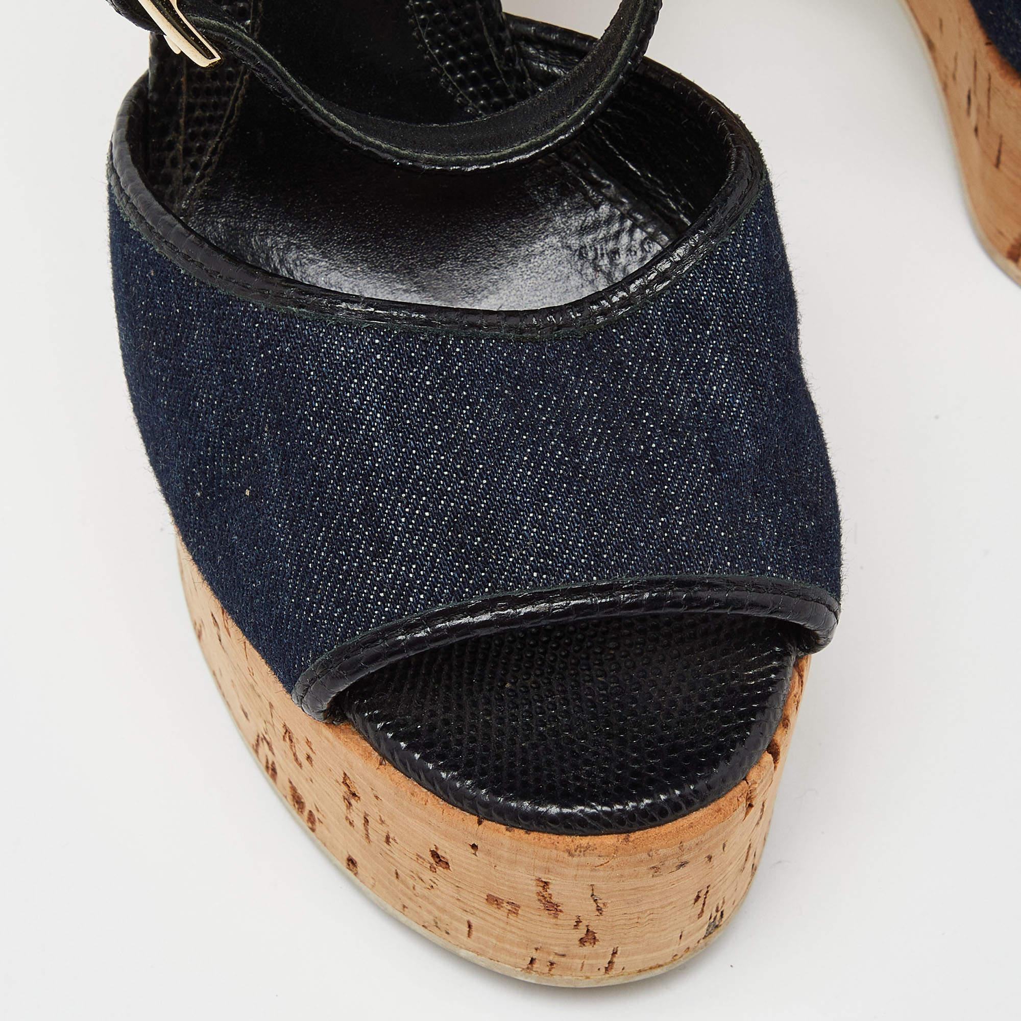 Fendi Navy Blue/Black Denim and Lizard Embossed Leather Cork Wedge Platform  For Sale 1