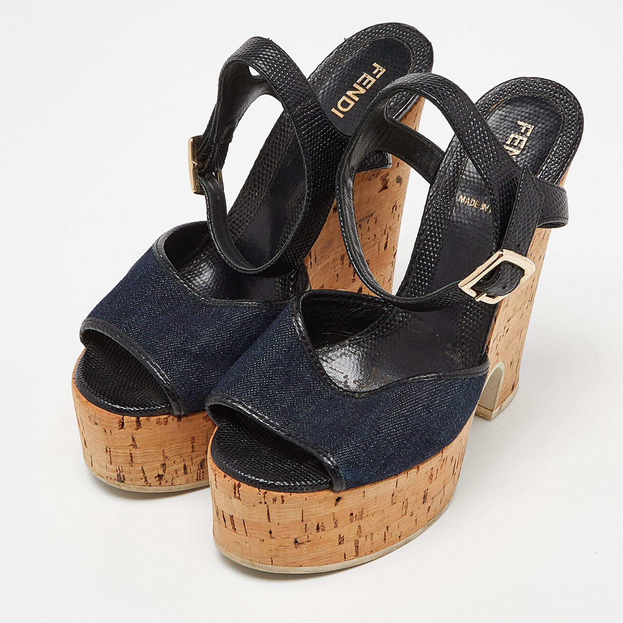 Fendi Navy Blue/Black Denim and Lizard Embossed Leather Cork Wedge Platform  For Sale 2