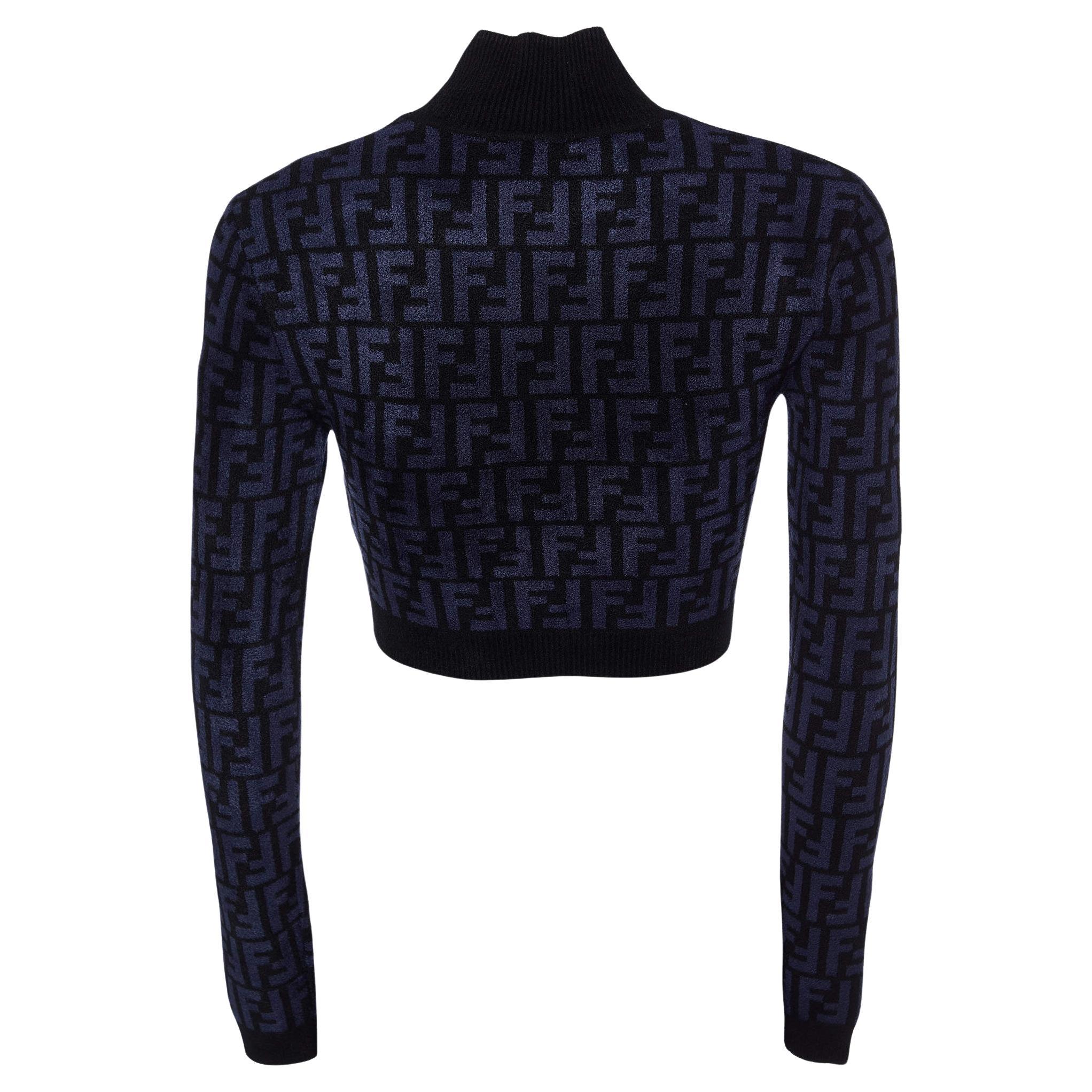 Fendi Navy Blue/Black FF Monogram Knit Crop Top S For Sale