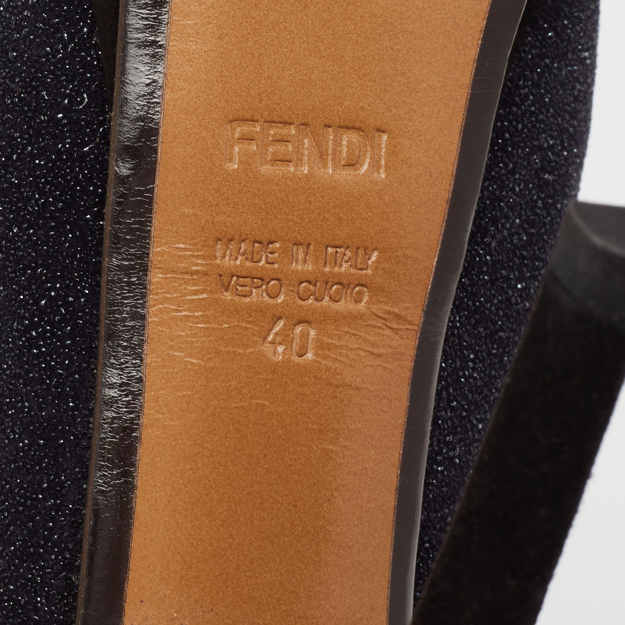 Fendi Navy Blue/Black Glitter And Suede Platform Ankle Strap Pumps Size 40 3