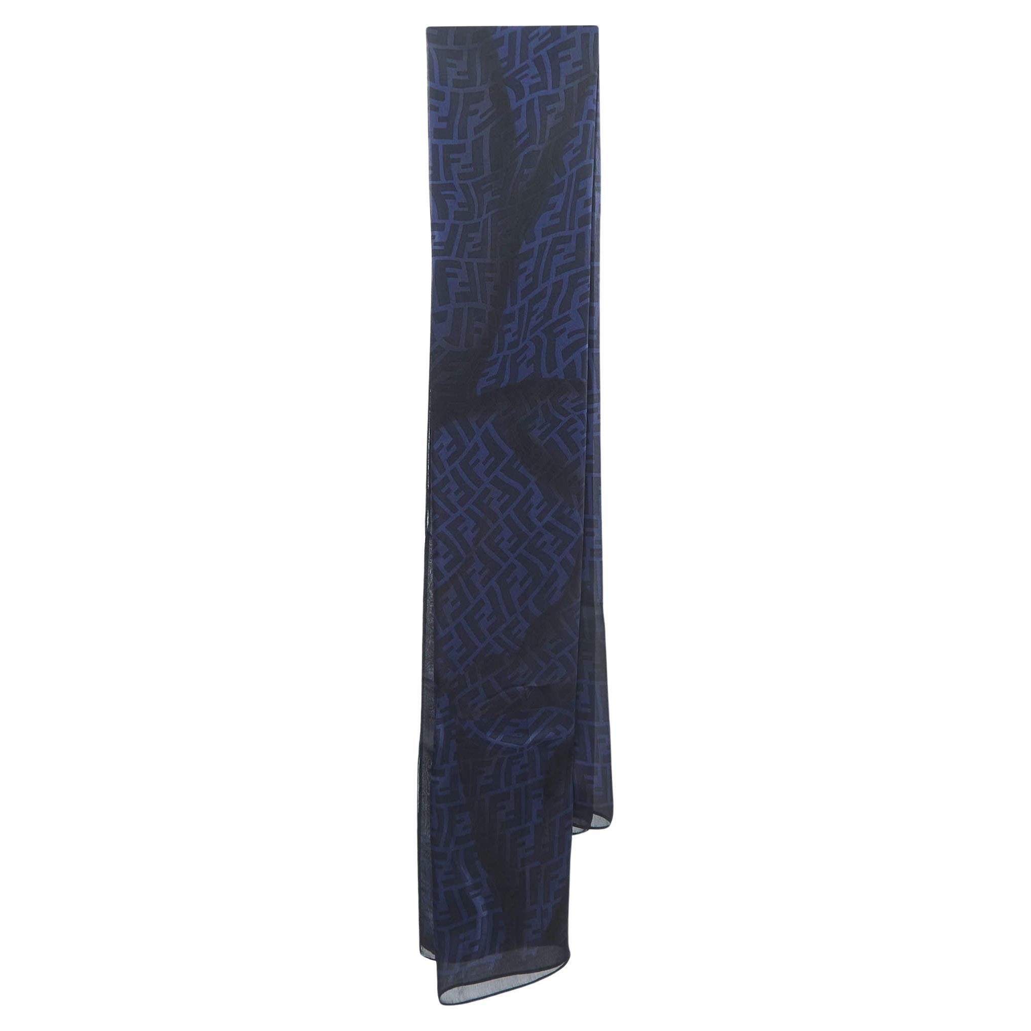 Fendi Navy Blue/Black Zucca Silk Chiffon Scarf