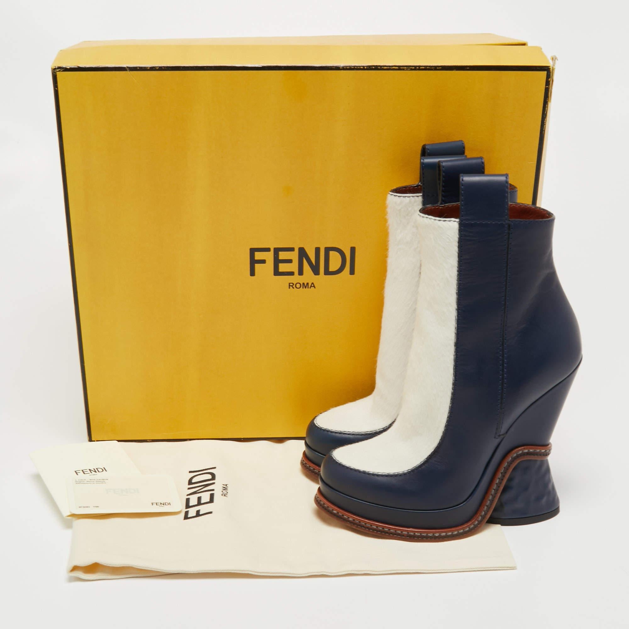 Fendi Navy Blue Calf Hair and Leather Ffreedom Ankle Boots Size 36 1