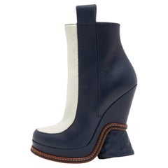 Fendi Navy Blue Calf Hair and Leather Ffreedom Ankle Boots Size 36