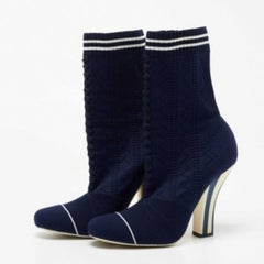 Fendi Navy Blue Knit Fabric Rockoko Mid Calf Boots Size 40