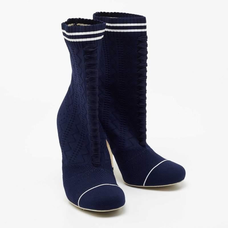 Black Fendi Navy Blue Knit Fabric Rockoko Mid Calf Boots Size 40 For Sale