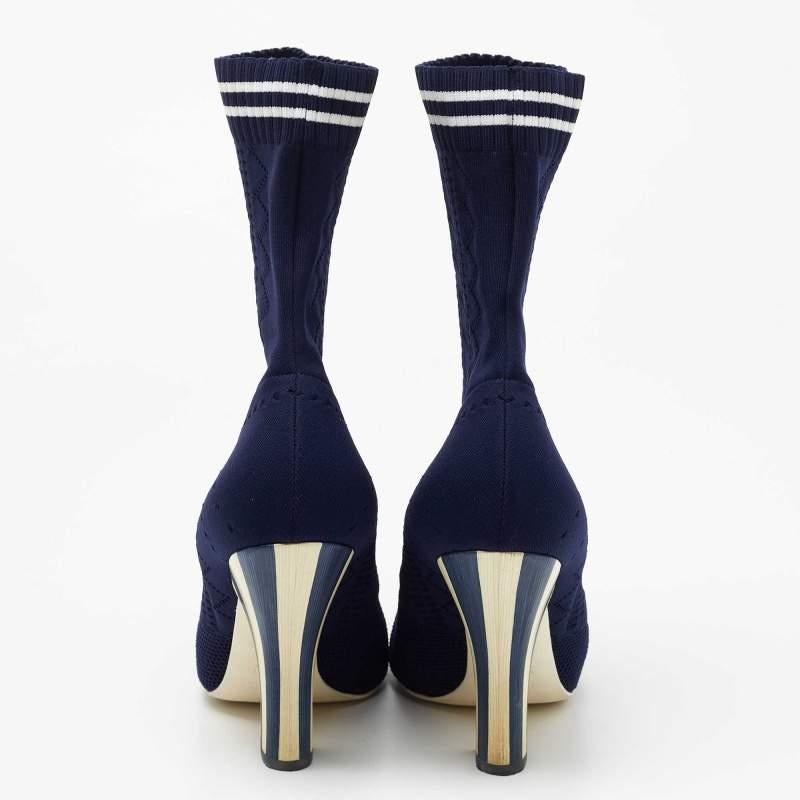 Women's Fendi Navy Blue Knit Fabric Rockoko Mid Calf Boots Size 40 For Sale