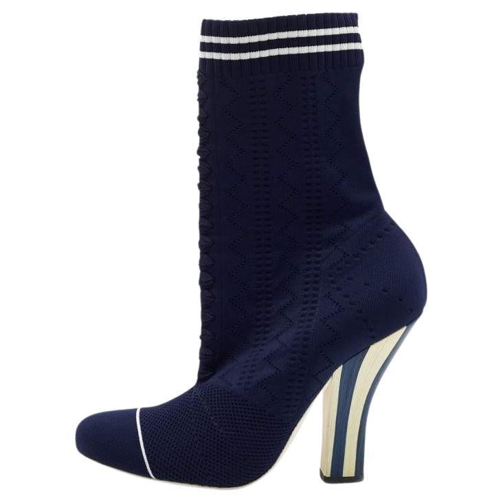 Fendi Navy Blue Knit Fabric Rockoko Mid Calf Boots Size 40 For Sale