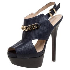 Fendi Navy Blue Leather Chain Details Slingback Platform Sandals Size 38