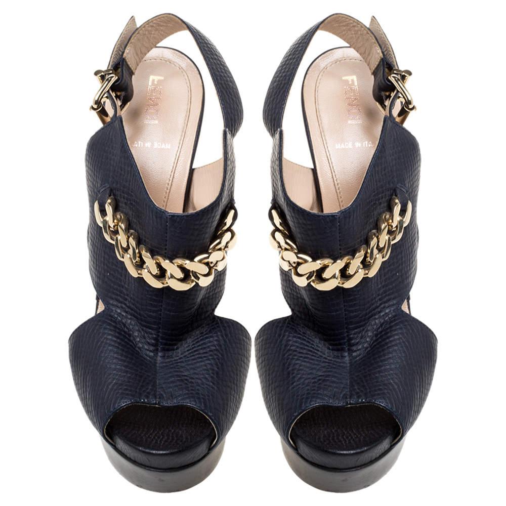 Black Fendi Navy Blue Leather Chain Details Slingback Platform Sandals Size 38