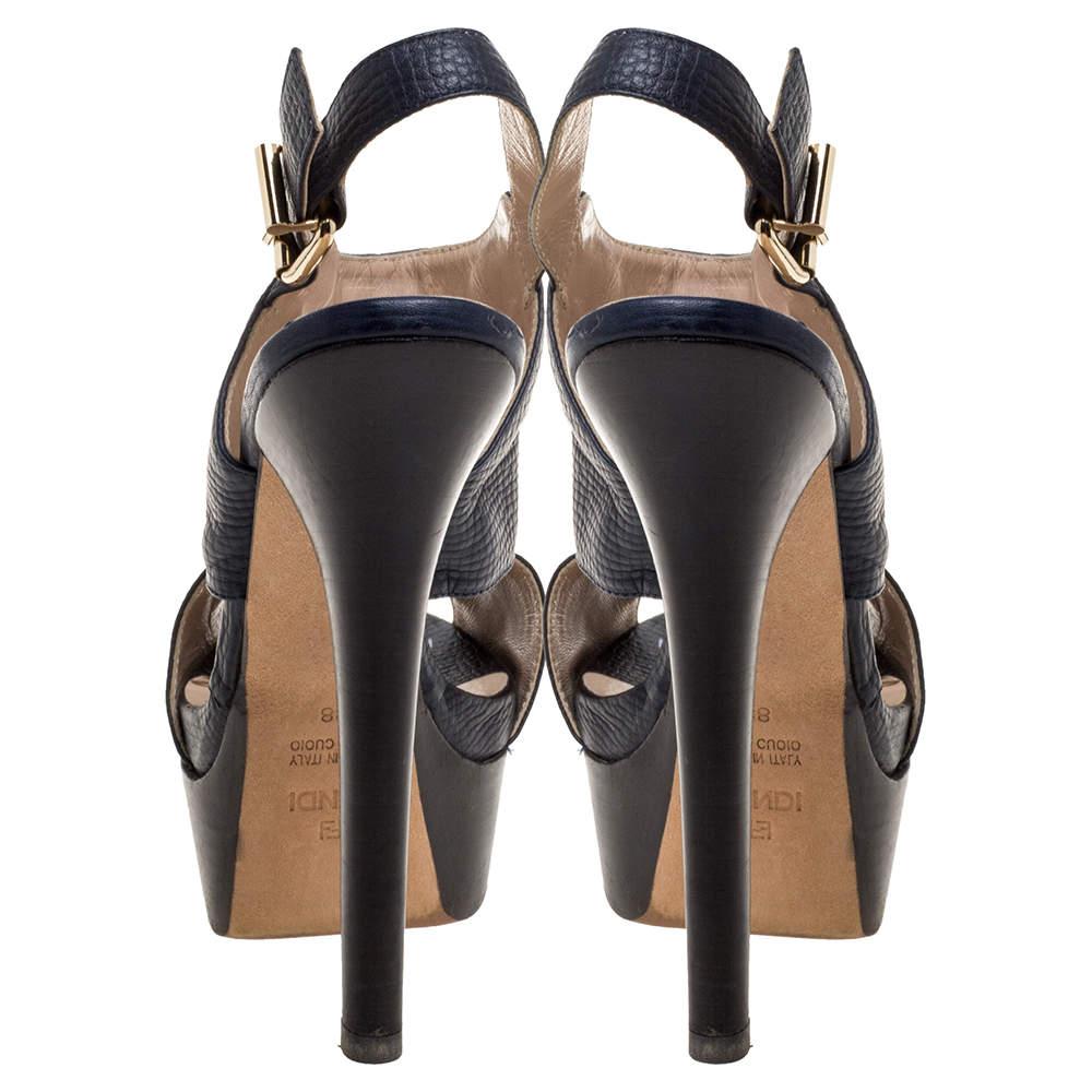 Women's Fendi Navy Blue Leather Chain Details Slingback Platform Sandals Size 38