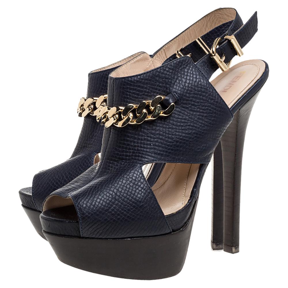 Women's Fendi Navy Blue Leather Chain Details Slingback Platform Sandals Size 38