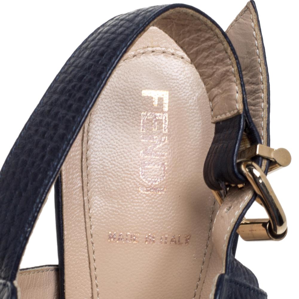 Fendi Navy Blue Leather Chain Details Slingback Platform Sandals Size 38 1