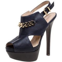 Fendi Navy Blue Leather Chain Details Slingback Platform Sandals Size 38