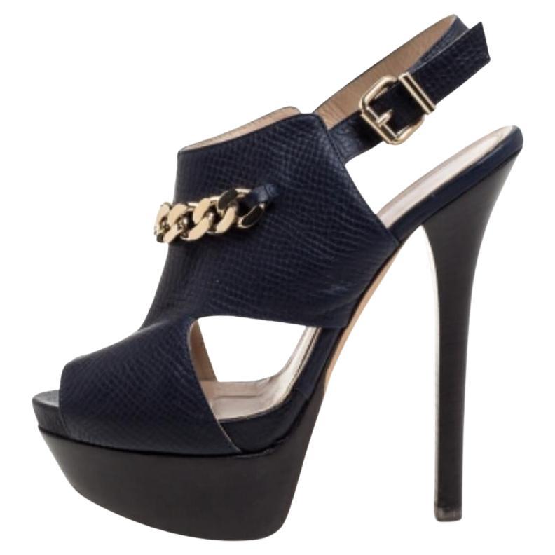 Fendi Navy Blue Leather Chain Details Slingback Platform Sandals Size 38 For Sale
