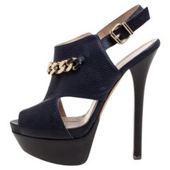 Fendi Navy Blue Leather Chain Details Slingback Platform Sandals Size 38