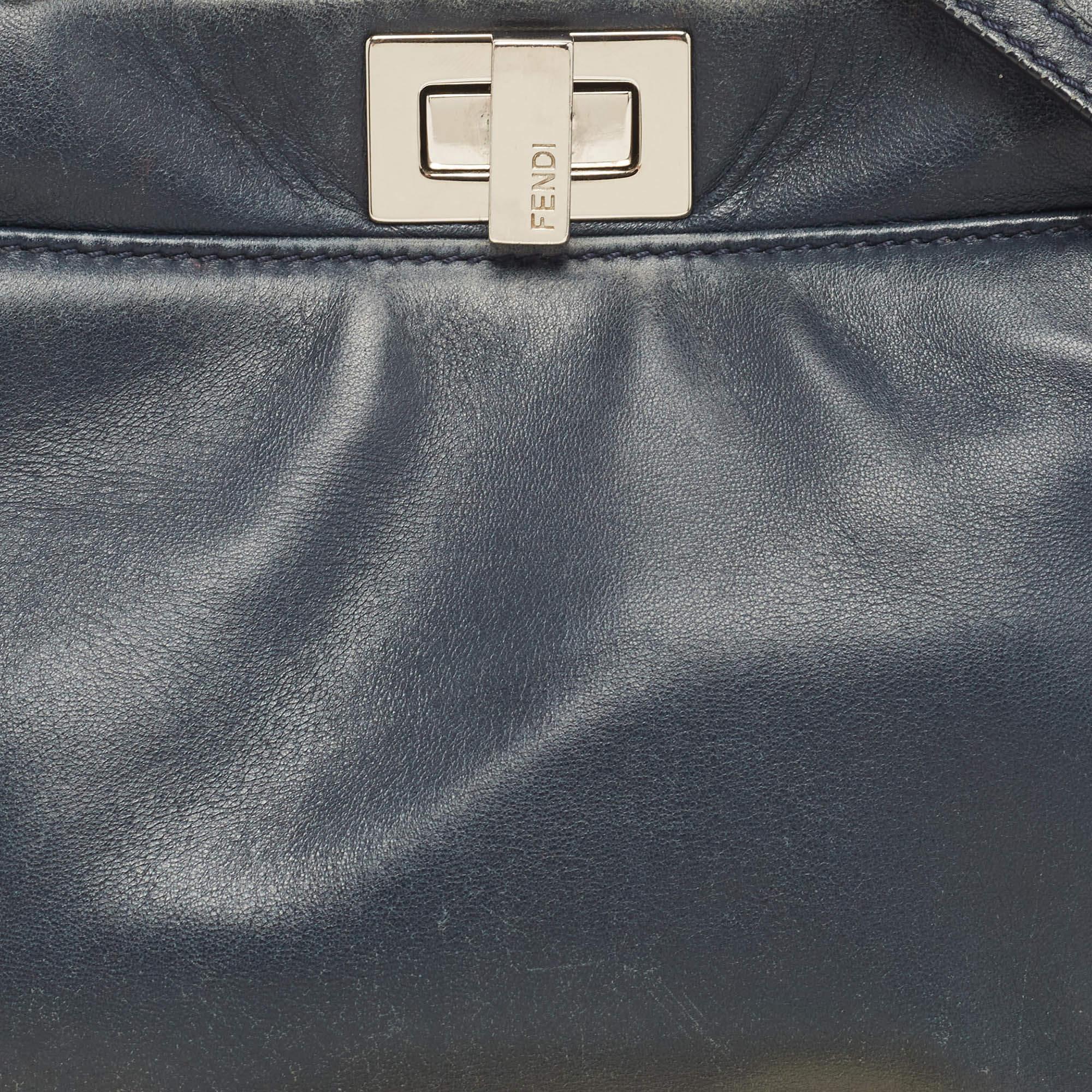 Fendi Navy Blue Leather Mini Peekaboo Top Handle Bag 5